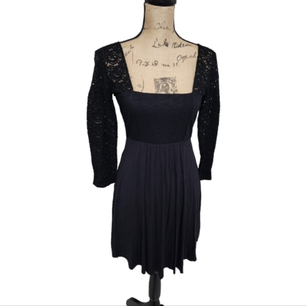 Free People Lace Sleeve Maid Marian Black Mini Swing Dress Size XS